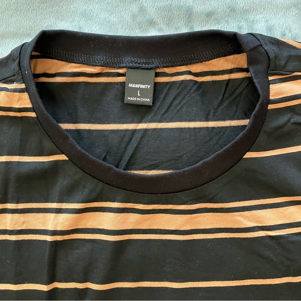 NEW mens MANFINITY black striped crewneck stretchy short sleeve T shirt - Picture 3 of 6